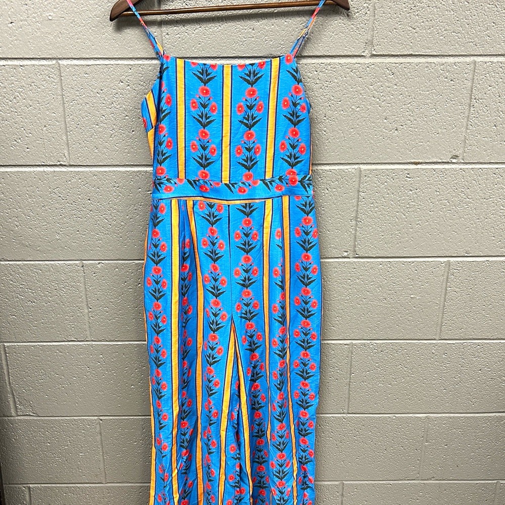 VICI Womens Blue Floral Wide-Leg Jumpsuit Strappy Square Neck S ACR20514